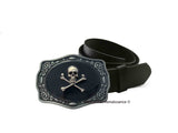 Antique Gold Skull and Crossbones Belt Buckle Inlaid in Hand Painted Glossy Black Onyx Enamel Gothic Victorian Inspired with Color Options