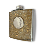 Antique Silver Moon and Stars Flask in Hand Painted Gold Swirl Enamel Vintage Style with Engraving and Color Options