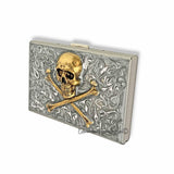 Skull and Crossbones Credit Card Wallet RFID Blocker Inlaid in Hand Painted Silver Swirl Enamel 3D Design Personalize and Color Options