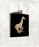 Antique Silver Giraffe Flask Inlaid in Hand Painted Black Glossy Enamel Vinatge Safari Inspired with Engraved and Personalized Option