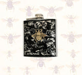 Bee Hip Flask Inlaid in Hand Painted Enamel Black Ink Swirl Design Neo Victorian Inspired Custom Colors and Personalized Options Available