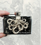 Octopus Flask Belt Buckle Inlaid in Hand Painted Black Enamel Victorian Nautical Inspired with Personalized and Color Options