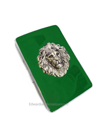 Metal Cigarette Case Silver Lion Inlaid in Hand Painted Glossy