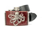 Octopus Flask Belt Buckle Inlaid in Hand Painted Ox Blood Silver Splash Enamel Gothic Nautical with Personalized and Color Options Available