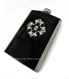 Antique Silver Cross with Skull Flask Inlaid in Hand Painted Black Enamel 8oz Hip Flask Personalize Engraving and Color Options