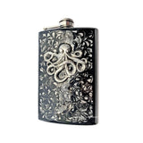 Antique Gold Octopus Flask Inlaid in Hand Painted Enamel Black Ink Swirl Design Neo Victorian Nautical Personalized and Custom Color Options