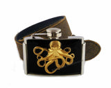 Octopus Flask Belt Buckle Inlaid in Hand Painted Black Enamel Victorian Nautical Inspired with Personalized and Color Options