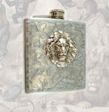 Lion Metal Flask  Inlaid in Hand Painted Silver Swirl Enamel Antique Silver Leo Head Hip Flask Custom Colors and Personalized Options