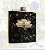 Egyptian Sphinx Flask Inlaid in Hand Painted Black with Silver Splash Glossy Enamel Art Deco Inspired Custom Colors and Personalized Option