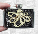 Octopus Flask Belt Buckle Inlaid in Hand Painted Ox Blood Silver Splash Enamel Gothic Nautical with Personalized and Color Options Available