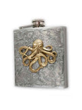 Antique Gold Octopus Flask Neo Victorian Kraken Inlaid in Hand Painted Black with Gold Swirl Enamel with Custom Engraving and Color Options